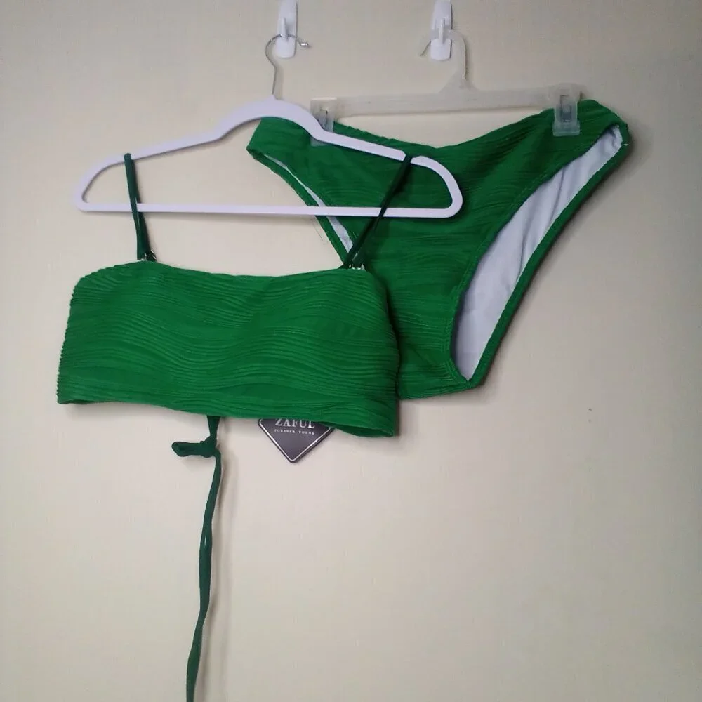 Zaful Swimsuit Bikini Women XL 2 Piece High Rise Ribbed Textured Green